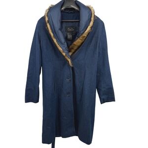 Terry Lewis Vintage Denim Trench Coat Faux Fur Small Blue Y2K 90s Fall Layering